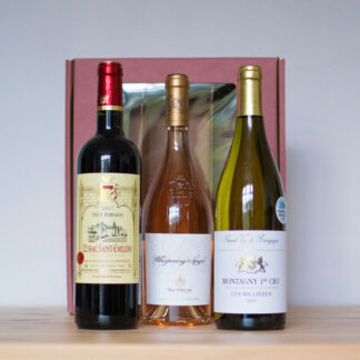 3 bottle gift pack of Bordeaux Red, Premiere Cru Montagny Chardonnay White & Whispering Angel Rose